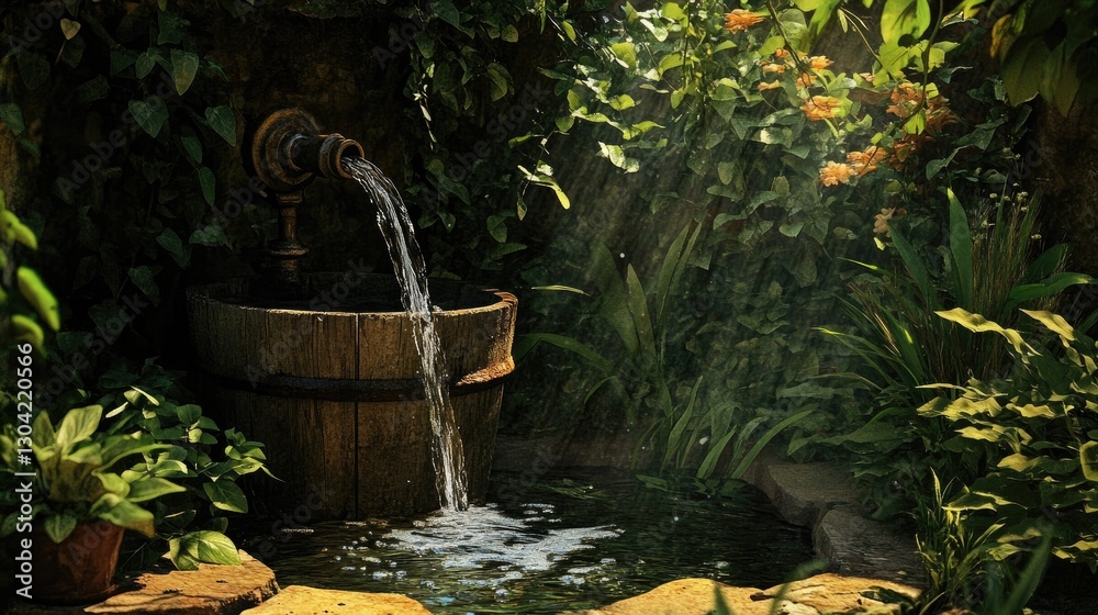 Poster a gentle stream of water flows from a garden faucet into an aged bucket, surrounded by lush greenery
