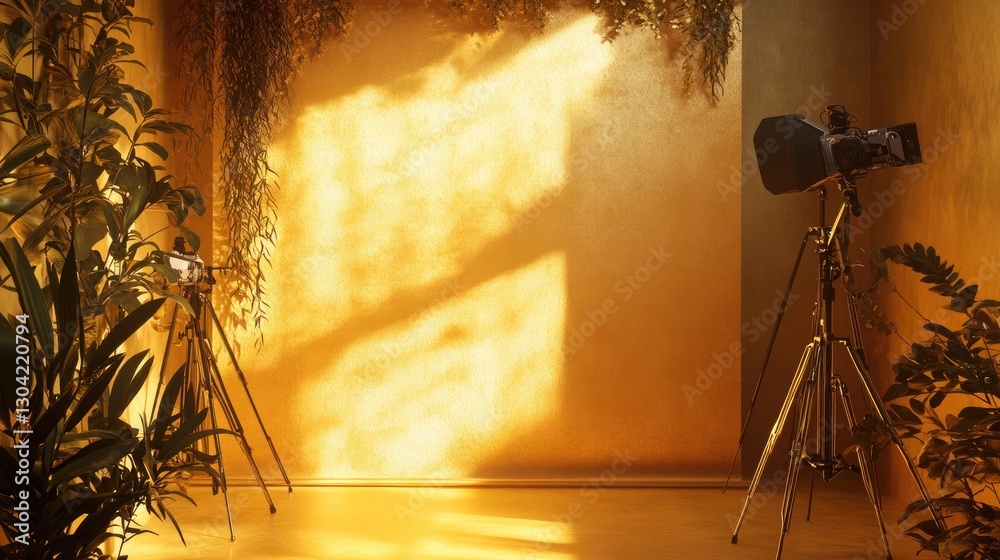 Poster a golden studio booth with soft light accents, evoking a warm and inviting atmosphere for creative p