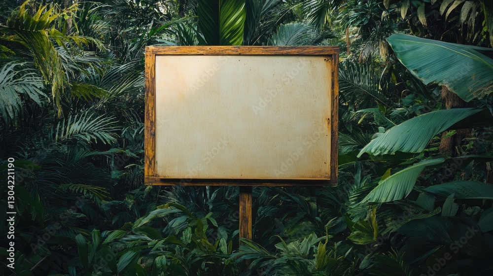 Poster a large, blank wooden signboard stands surrounded by dense jungle foliage, creating a perfect canvas