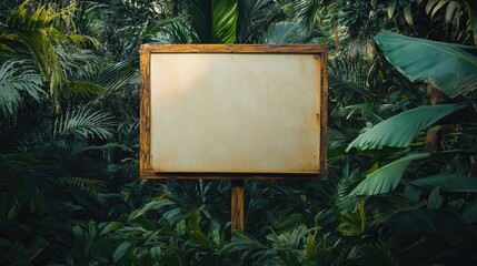 A large, blank wooden signboard stands surrounded by dense jungle foliage, creating a perfect canvas for nature-themed advertisements in an urban-adjacent forest environment.