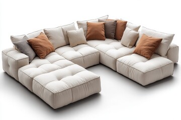 White linen fabric modular L-shaped sofa with plush cushions, versatile configuration, and chaise lounge, perfect for stylish and comfortable living spaces.