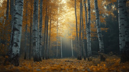 Fototapeta premium Golden Birch Forest Path, Autumn Sunlight, Misty Background, Nature Wallpaper