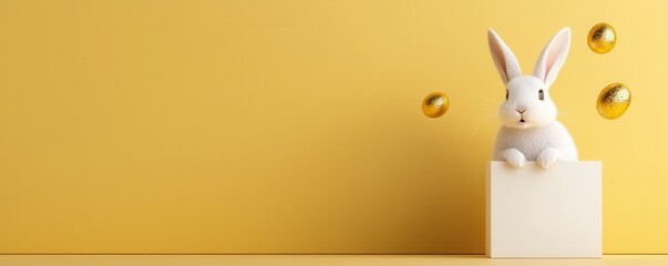 Obraz premium A cute white rabbit sits atop a box with golden Easter eggs against a bright yellow background, creating a festive and cheerful atmosphere.