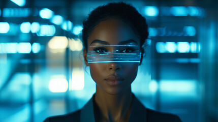A futuristic customer service representative appears as a digital hologram in a corporate headquarters, assisting global clients in real-time with efficient, personalized support.
