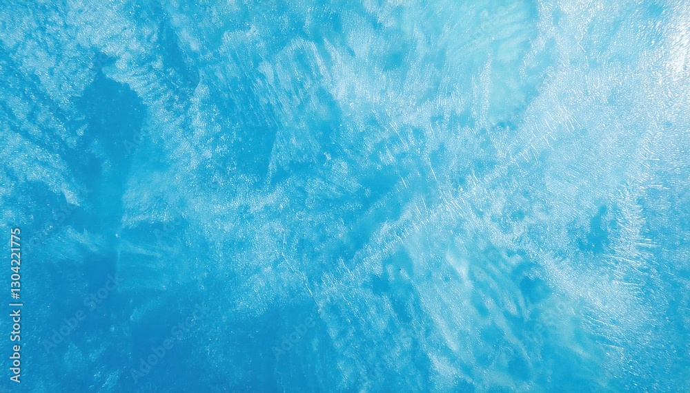 Poster textured frozen ice surface with intricate frost patterns in vibrant blue tones, perfect for winter 