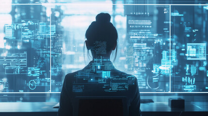 A futuristic customer service representative appears as a digital hologram in a corporate headquarters, assisting global clients in real-time with efficient, personalized support.
