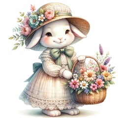 A cute bunny in a floral dress carrying a basket of colorful flowers.
