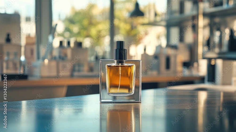 Aufkleber a luxurious modern perfume bottle placed elegantly on a lab counter, showcasing cutting-edge design 