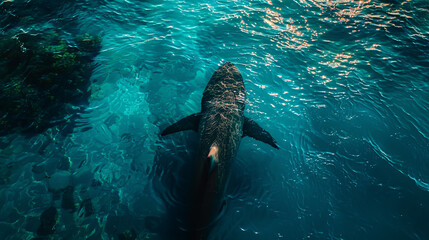 Shark Swimming in Clear Ocean Water with Sunlight Reflections