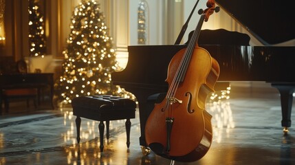 Elegant cello beside grand piano in festive room with Christmas tree