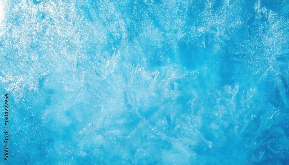 Poster textured frozen ice surface with intricate frost patterns in vibrant blue tones, perfect for winter 