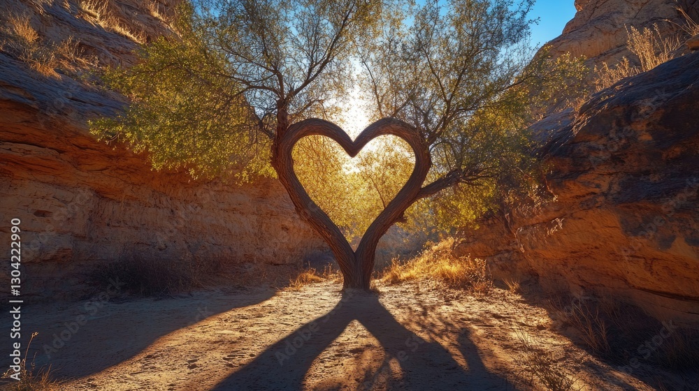 Poster a majestic tree casting a heart-shaped shadow in the sun, creating a serene and heartwarming atmosph