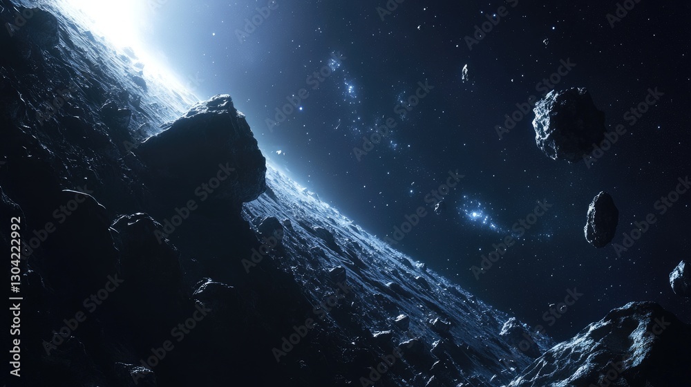 Poster A mesmerizing view of an asteroid belt illuminated by distant stars in the vastness of space, offering a serene and cosmic perspective on the wonders of the universe.