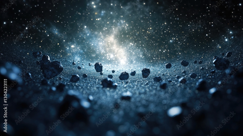 Poster A mesmerizing view of an asteroid belt illuminated by distant stars in the vastness of space, offering a serene and cosmic perspective on the wonders of the universe.