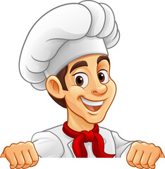 A chef or baker cartoon cook food man mascot character peeking around a sign or menu with copy space illustration