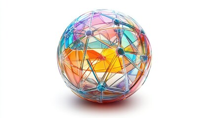 Obraz premium A modern abstract sphere formed by connected lines and nodes, floating on a white background, symbolizing a global digital network or technological progress