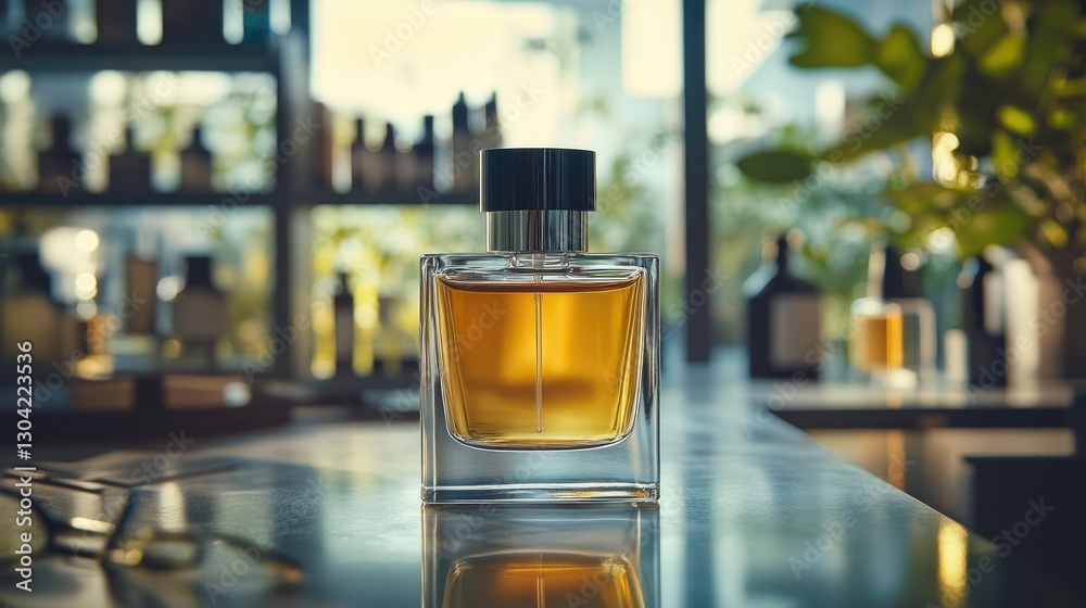 Aufkleber a modern perfume bottle displayed on a sleek lab counter, highlighting the craftsmanship and precisi