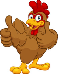A chicken cartoon rooster cockerel character mascot giving a thumbs up.
