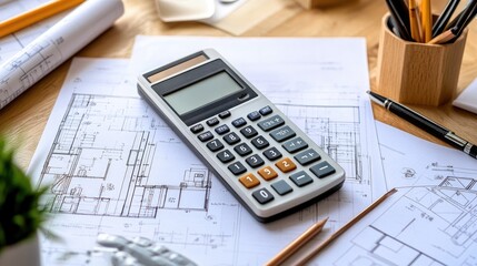 A modern home remodeling credit calculator on a desk, surrounded by blueprints and budgeting documents, illustrating the financial side of home renovation projects