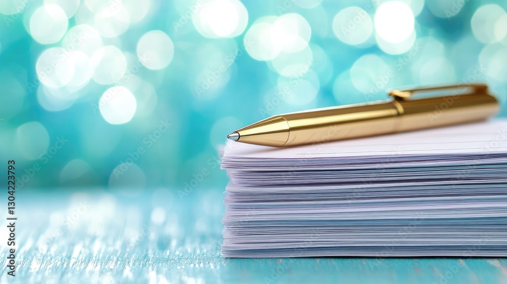 Poster a neat stack of lined papers with a sleek gold pen resting on top, contrasted against a soft aqua bo
