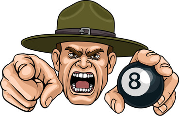 An angry drill instructor or sergeant bootcamp army soldier cartoon character holding billiards pool 8 ball and pointing sports team mascot illustration.
