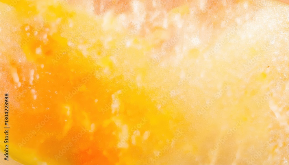 Poster macro shot of frozen orange and yellow citrus fruit slice with icy texture, abstract vibrant backgro