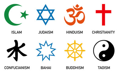 Set of world religion sign symbol in colored. Islam, judaism, hinduism, christianity, confucianism, bahai, buddhism and taoism, with english labeling. Flat style. Vector illustration.
