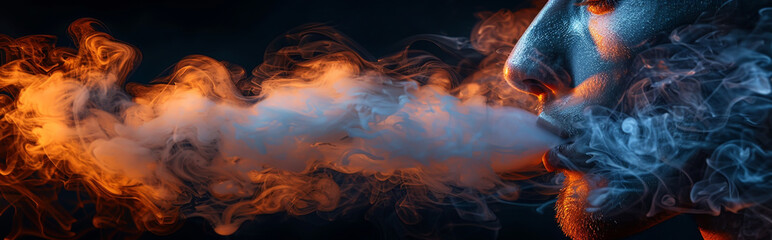 Fototapeta premium Close-up of Man Exhaling Colorful Smoke in Dark Atmosphere with Vibrant Lighting Effects
