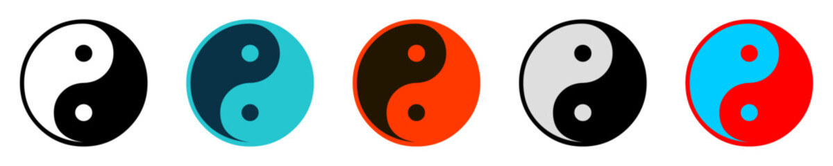 Yin yang icons set in different style. Symbol of harmony and balance. Yinyang taoism chinese sign for chinese new year and lunar festive. Vector illustration.