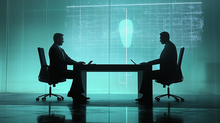 A business negotiation takes place through holographic projections, where both parties appear as digital avatars in a cyberpunk-style virtual conference room, blending technology with futuristic busin