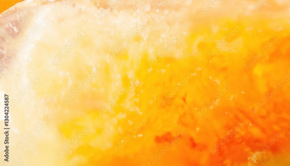 Poster macro shot of frozen orange and yellow citrus fruit slice with icy texture, abstract vibrant backgro