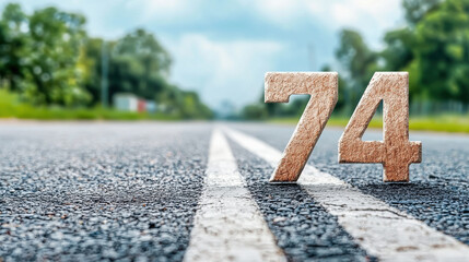 Wooden number 74 on empty road with blurred trees in background