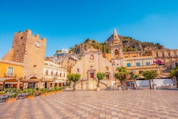 Cityscape of town of Taormina, Sicily with main square Piazza IX Aprile and San Giuseppe church