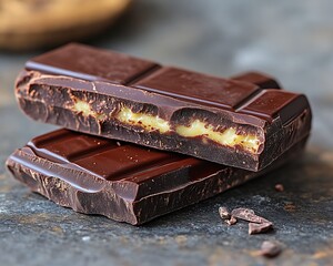 Filled chocolate bar stack on stone surface