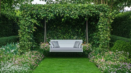 Luxurious white swing set in a lush garden with colorful flowers