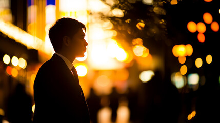 Silhouette of a Man in an Illuminated Urban Nightscape with Vibrant Bokeh Background