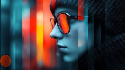 Modern portrait of a young woman with sunglasses in neon colors