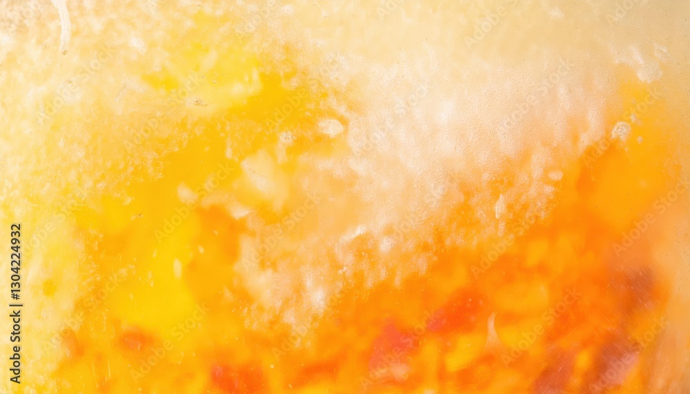Poster macro shot of frozen orange and yellow citrus fruit slice with icy texture, abstract vibrant backgro