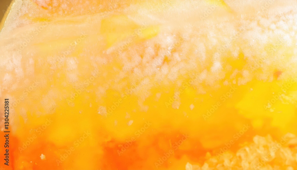 Poster macro shot of frozen orange and yellow citrus fruit slice with icy texture, abstract vibrant backgro