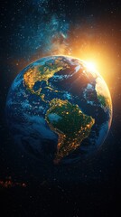 Naklejka premium A breathtaking aerial view of Earth, showcasing the vibrant blue oceans and green landmasses, as the sun rises majestically over the horizon, casting warm golden rays across the atmosphere.