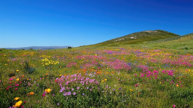 A picturesque spring landscape with wildflowers in various bright colors scattered across a green meadow, illuminated by a clear blue sky on a perfect day - Powered by Adobe