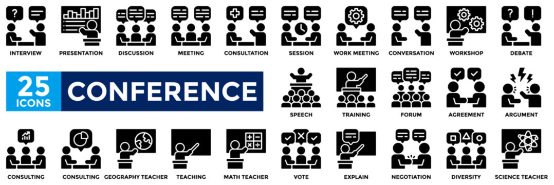 Conference icon collection set. Containing interview, meeting, workshop, discussion, teaching, speech, training icon. Simple solid vector illustration.