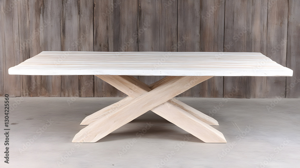 Poster a minimalist wooden table with a distinctive crossbase design, set against a rustic wooden backgroun