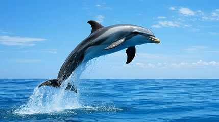 A dolphin leaps gracefully out of the clear blue ocean, showcasing its agility and playful nature under a bright sky