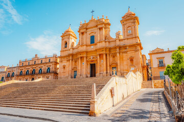 Noto, with the Basilica Minore di San Nicolo and Palazzo Ducezio, Sicily, Italy.
