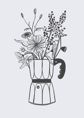 Coffee and flowers. Concept for wall art, home decoration, poster design, shirt, print, stamp or tee.