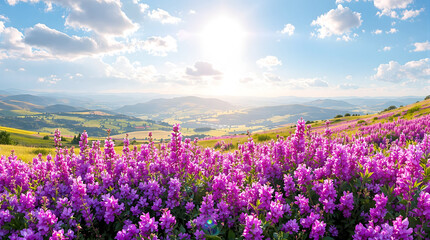 Fototapeta premium Vibrant Purple Heather with Rolling Hills Background. 