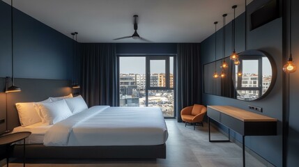 Modern Hotel Bedroom with City View