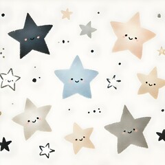A whimsical illustration of various cute stars in soft pastel colors, with smiling faces, scattered across a white background.