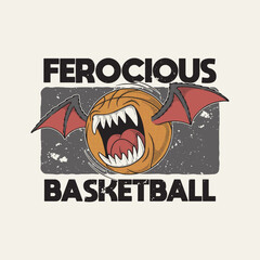 retro cartoon basketball with fangs and wings